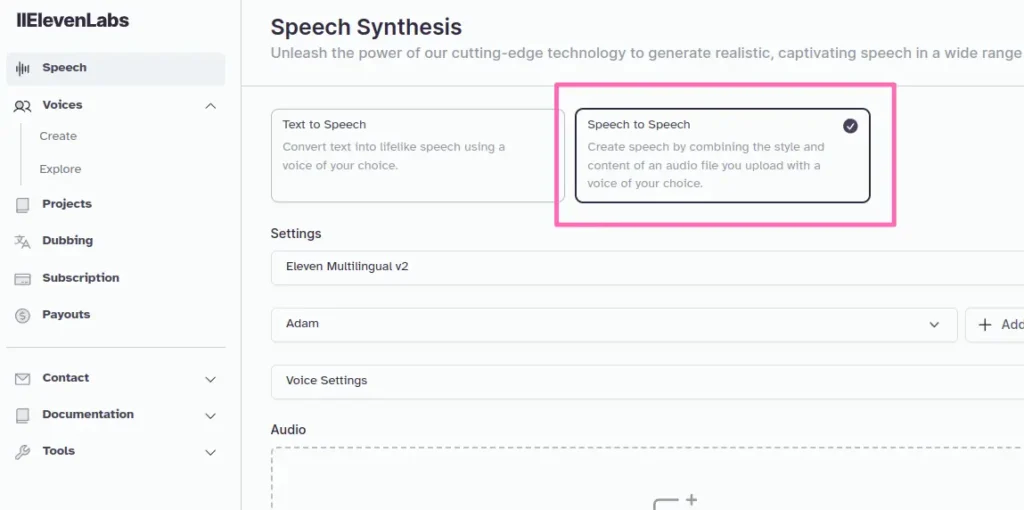 Modulator Głosu - ElevenLabs - Speech to Speech.
