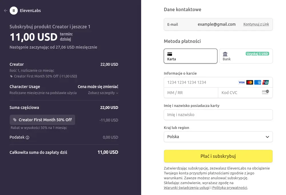 Płatności polskimi kartami w ElevenLabs