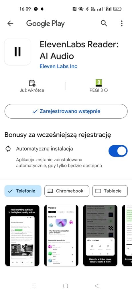 Aplikacja ElevenLabs Reader App w Google Play