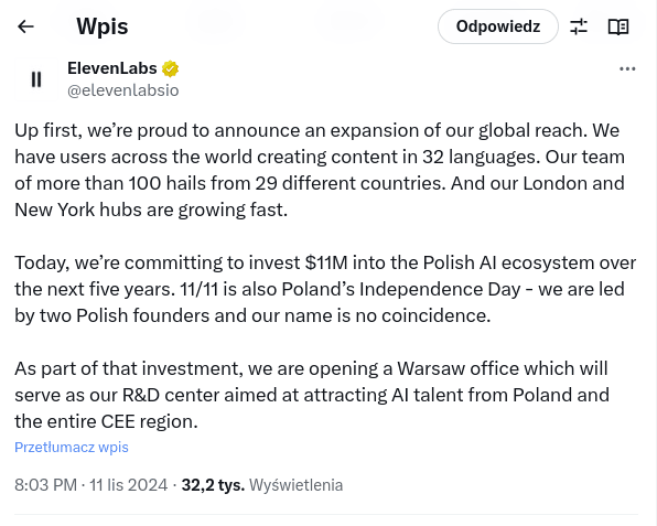 ElevenLabs zainwestuje w Polsce 11 milionów dolarów!