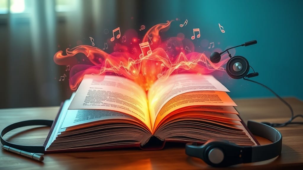 Otwarta książka, której strony zmieniają się w fale dźwiękowe — czytnik audio AI