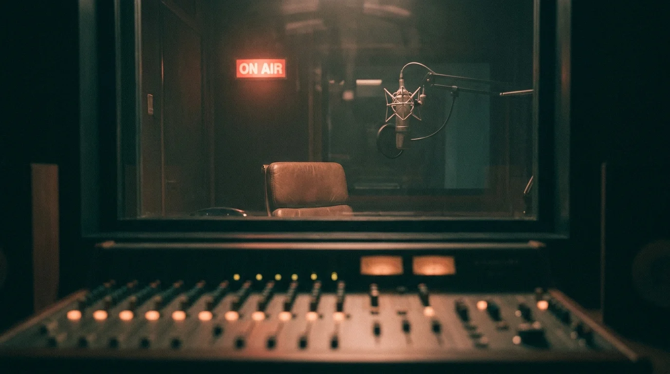 Studio radiowe widziane zza szyby — konsoleta z podświetlonymi tłumikami, mikrofon lektorski i lampa sygnalizacyjna